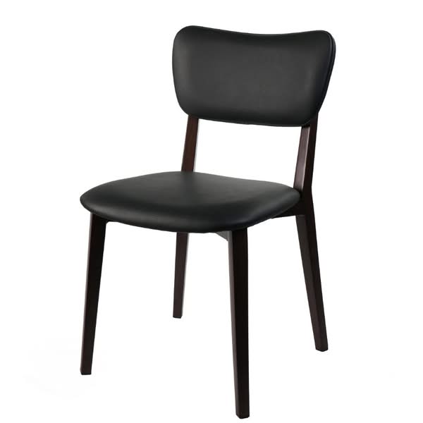 Black dining chair with padded seat and backrest photographed at an angle against a white background