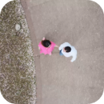 Overhead view of a couple in pink and white clothing positioned together on a light outdoor surface.