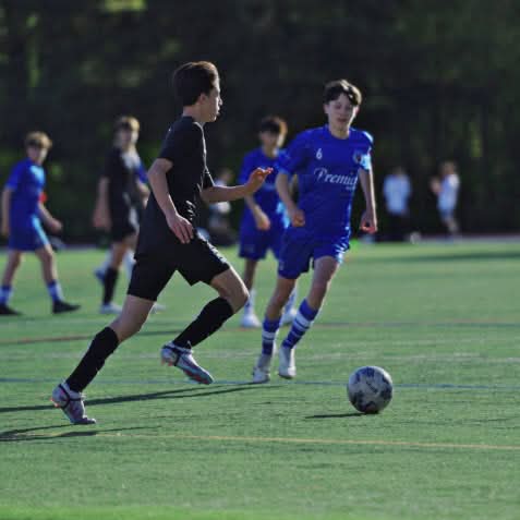 Outdoor sports photograph showing several soccer players running and competing for the ball on a green field during a match.
