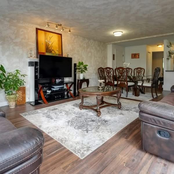 Spacious furnished living room with wood flooring, area rug and entertainment centre